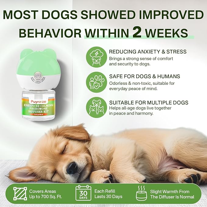 puyrzoe Dog Calming Diffuser with Timing Functions, 3-in-1 Dog Anxiety Relief Diffuser Kit, 120-Day Anxiety Relief, Stress Relaxation Pheromones Calming for All Dogs (1 Diffusers + 2 Refills)