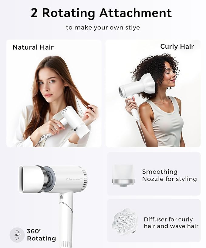 Colorsmoon Hair Dryer, 100,000 RPM High-Speed Blow Dryers for Women & Men, Fast-Drying, 500 Million Negative Ions, Heat-Control, Low-Noise with Diffuser & Nozzle, Compact Foldable for Home Travel Use