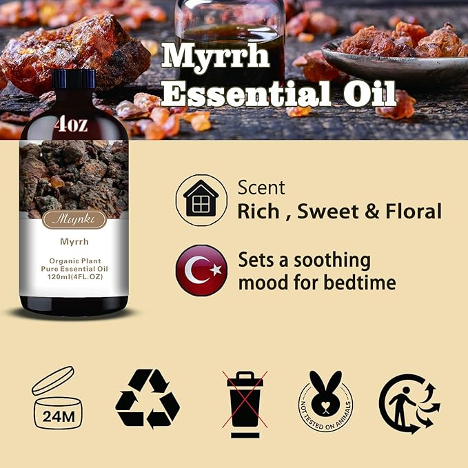 Myrrh Essential Oil – MLYNKL Myrrh Oils 4.33 fl oz for Diffusers, Humidifiers, Massage, DIY Candles, Soap, Cleaning, Home, Yoga, Office, Gifts - 130 ml