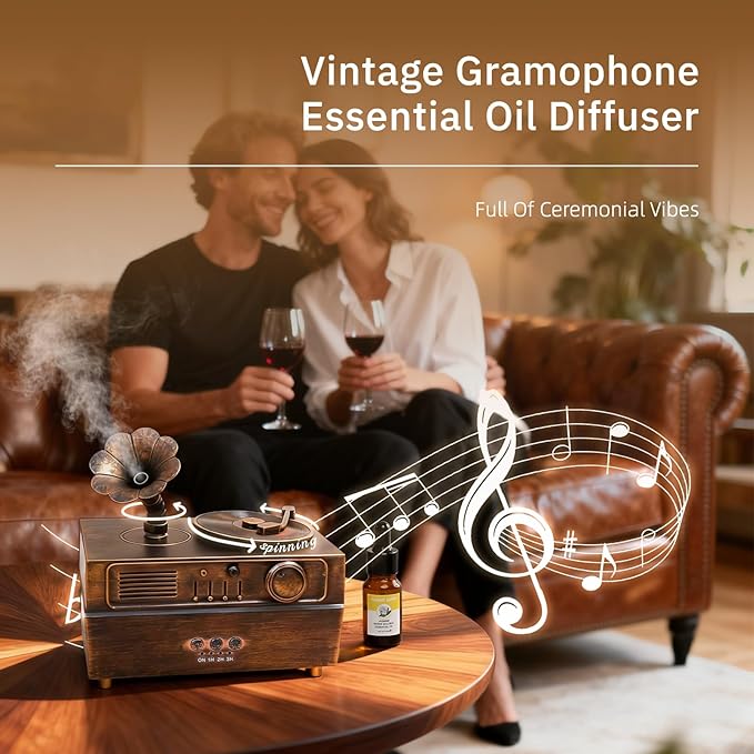 Daroma Essential Oil Diffuser, Retro Phonograph Design with Music Player, 7-Color LED Lights, Low-Noise Aromatherapy Humidifier for Home Office, Unique Gift Idea (Bronze)