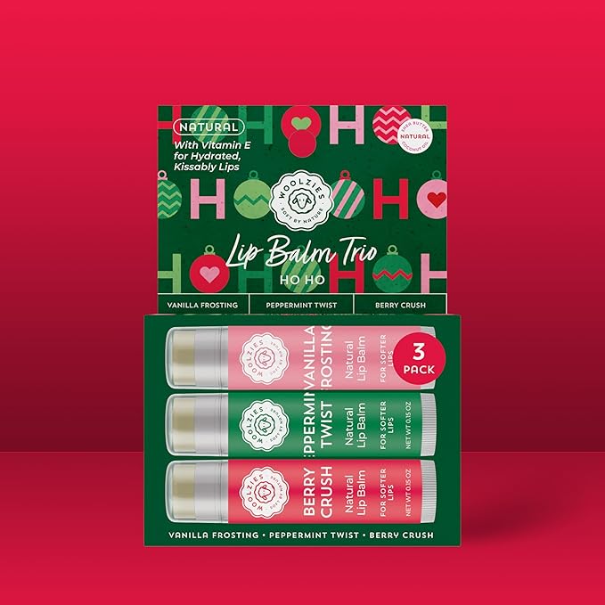 Holiday Stocking Stuffer Lip Balm Set: All-Natural Shea Butter, Beeswax, Coconut Oil, & Vitamin E Infused Lip Care (3 Pack, HO HO)