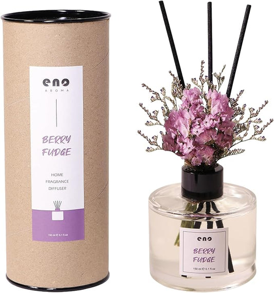 Reed Diffuser Set with Dried Flowers, 5.1oz Essential Oil Home Fragrance, Long Lasting Air Freshener for Bathroom Shelf Decor, Housewarming Gift, Berry Fudge Scent