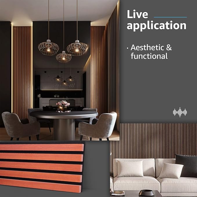 Art3d 4-Piece Wood Slat Acoustic Panels for Stylish Decor and Noise Reduction, 3D Textured Panel for Ceiling and Wall, Cherry