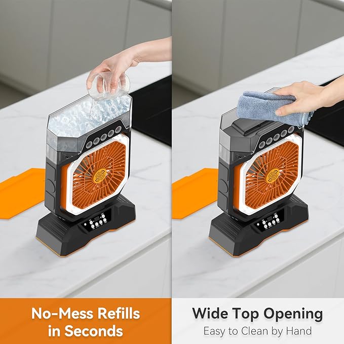 Desk Fan 5 Sprayers Rechargeable Misting Fan for Camping & Home – 6 Speed Portable Cooling Fan with Mist 560ml Water Tank Aromatherapy Diffuser Timer 27000mAh Fast-Charging Battery (Black & Orange)