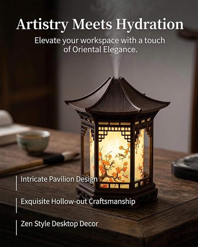 Zen Pavilion Lantern Aroma Diffuser & Night Light for Desk with 2 Mist Modes & LED Warm/White Light, 160ml Zen Office Decor USB Personal Humidifier for Yoga, Meditation, Spa & Sleep (Light)