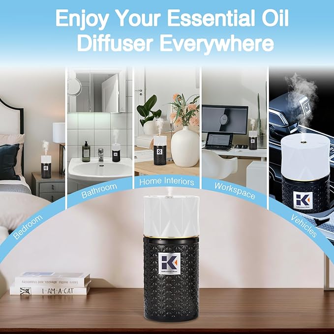 Ikeda Essential Oil Diffuser with Negative Ions, 250ml Glass Aromatherapy Diffuser with 10mL Lavender Essential Oil,3 Modes & 2000 mAH Battery Operated Car Diffuser with Night Light for Home