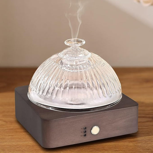Lecdura Glass Essential Oil Diffuser with Glass Reservoir & WoodBase, 200ml Ultrasonic Lock Color Timer Auto-Off 7 Color Light Aroma Glass Dome Diffuser for Home Office Bedroom Yoga - Dark Brown