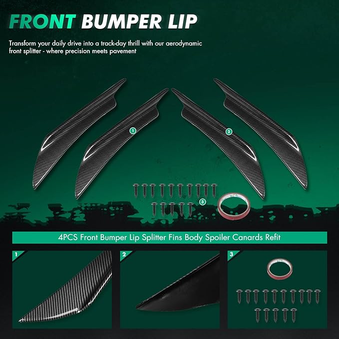 SCITOO Glossy Carbon Look Universal Front Bumper Canards Diffuser Lip Splitter Fins Bumper Splitters Aprons - 4PCS