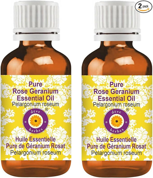 Deve Herbes Pure Rose Geranium Essential Oil (Pelargonium roseum) Steam Distilled (Pack of Two) 100ml X 2 (6.76 oz)