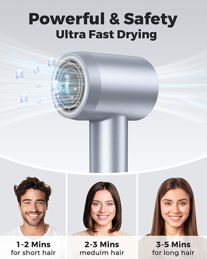 Hair Dryer - Negative Ionic Blow Dryer with 150000 RPM High Speed Brushless Motor for Fast Drying, Low Noise, HD Display Hair Dryer with Diffuser and Nozzle, 4 Temps & 3 Speeds