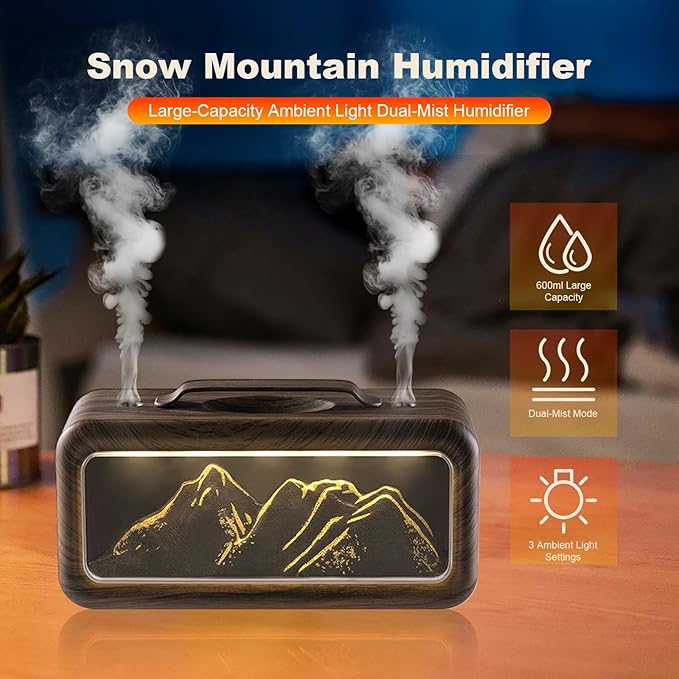 600ML Dual Mist Spray Snow Mountain Essential Oil Diffuser with 3 Modes Night Light USB Desktop Humidifier for Bedroom Home Office