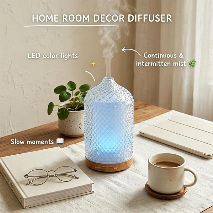 Diffuser with 3 Essential Oils,Glass Aroma Diffusers,200ml Small Humidifier with Timer,7 ED Color Lights,Waterless Auto Shut-Off for Office Home Room Decor Gifts for Women