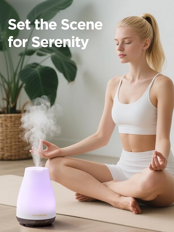 InnoGear Essential Oil Diffuser, Ultrasonic Diffusers for Home Aromatherapy Humidifier for Mother's Gift Bedroom Room 7 Colors LED 2 Mist Mode Auto Off, Brown Base