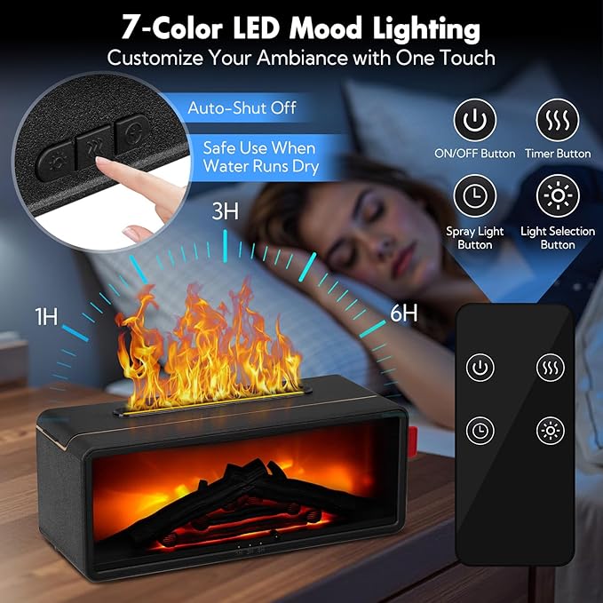 LINGSFIRE Fireplace Diffuser, 7 Colors Flame Humidifier Fireplace Humidifier with Timer Aromatherapy Air Diffuser for Bedroom, Office, Yoga Studio