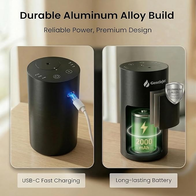 GentleJet LiteMist Waterless Nebulizing Essential Oil Diffuser – Cold Air Aromatherapy, USB-C Cordless 2000mAh Battery, Aluminum Portable for Home Office Car, 20ml