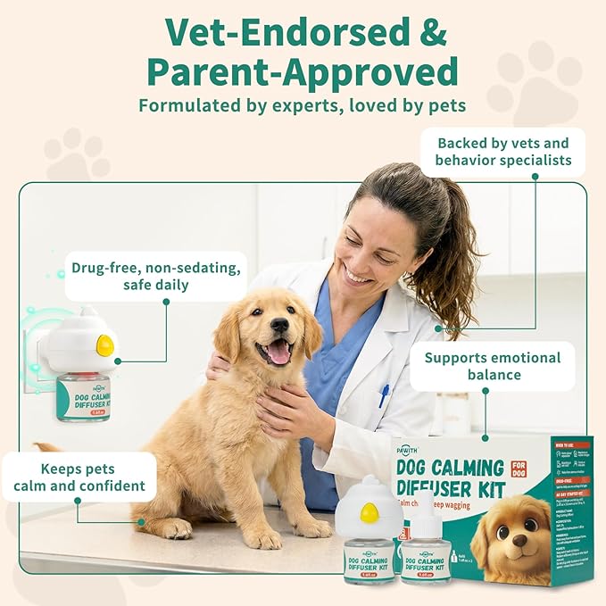 Dog Calming Diffuser with Pheromones – Calming Diffuser for Dogs, Helps Reduce Anxiety, Stress & Barking, Drug-Free Dog Pheromone Diffuser with 2 Refills