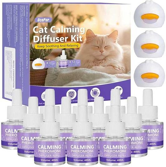OcePor Cat Calming Diffuser 12 Refill Solutions, 3 Plugs- Cat Pheromones Calming Diffuser Refill, Pheromone Diffuser to Calm Cats, Cat Anxiety Relief