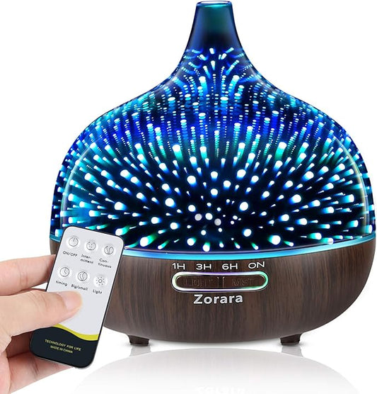 Essential Oil Diffuser 550ml Cool Mist Humidifier 3D Glass Ultrasonic Aromatherapy Humidifier with 7 Color Changing Led Lights, Waterless Auto Shut-Off, Adjustable Timer for Home Bedroom Office