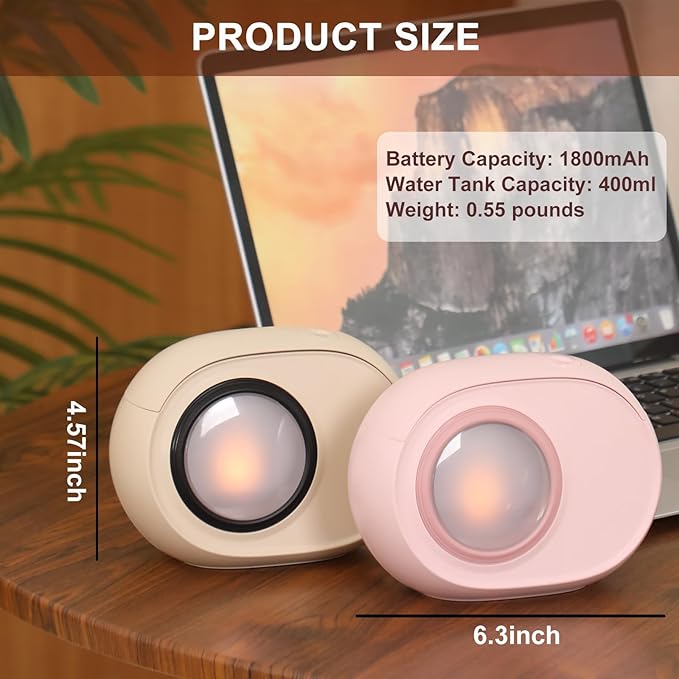 Humidifier for Bedroom, 400ml Desktop Fog Humidifiers, Essential Oil Diffuser with Dynamic Candlelight Flame Lamp, Suitable for Home, Travel & Plant Intelligent Anti Dry Burning Humidifier (Beige)