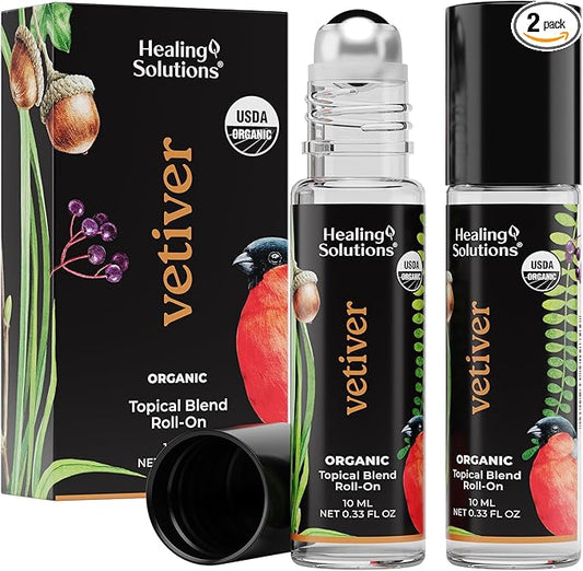 Healing Solutions (2 Pack) USDA Certified Organic Vetiver Essential Oil Roll-On for Skin Care - Essential Oil Roll On