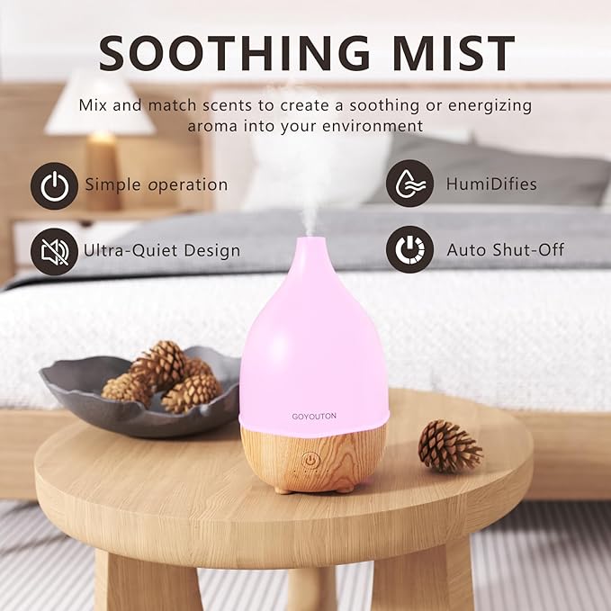 Essential Oil Diffuser, 200ml Small Aromatherapy Diffuser with 7 Color LED Lights Quiet Waterless Auto Shuts-off，Air Humidifier Aroma Diffuser，Ultrasonic Diffusers for Essential Oils for Office Home
