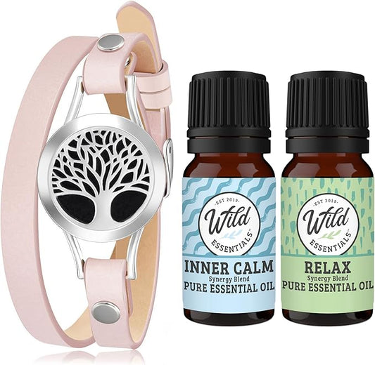 Wild Essentials Diffuser Wrap Bracelet Kit – Adjustable 5"–7.5" Leather + 316L Stainless Steel Locket, 12 Color Pads (17mm) – Includes Inner Calm & Relax (2 x 10ml)