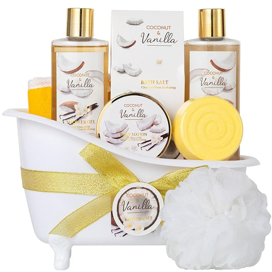 Mothers Day Gifts for Women and Men - 8-Piece Bath Kit Coconut Vanilla Bath & Body Gift Set for Women Self Care Spa Gift Baskets | Perfect Gifts for Mom, Birthday Gift, All Occasion Holiday Present
