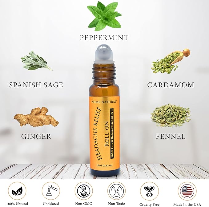 PRIME NATURAL Headache Relief Essential Oil Roll On 10ml, Pre-Diluted, Ready to Use Roller for Migraine, Tension, Calming, Soothing, Grounding, Sore Muscles, Sprain & Sleep (Pack of 2)