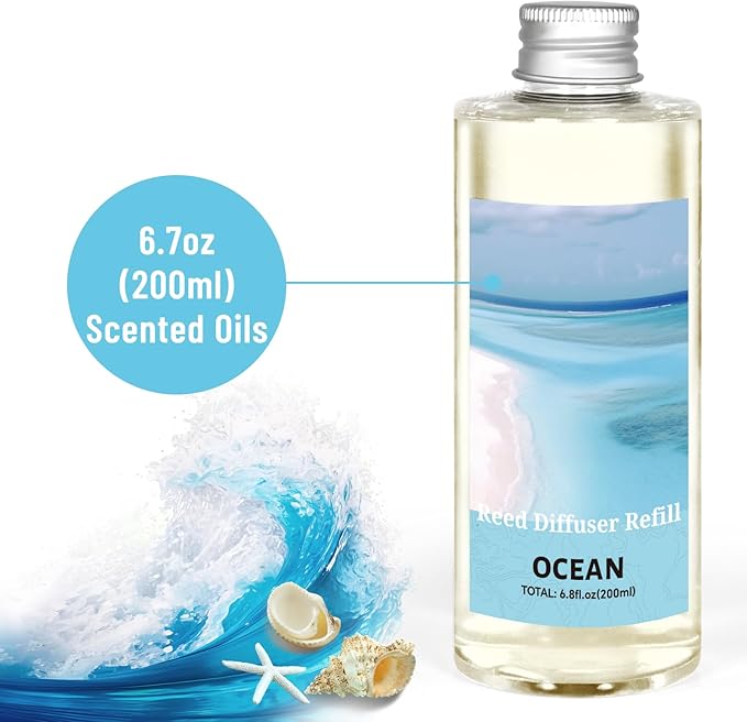 STRN Reed Diffuser Oil Refill, Ocean Scented Diffuser Oil Refills with 6 Reed Sticks 200ML(6.8fl.oz), Room Fresheners for Home, Long-Lasting Fragrance for Living Room, Bedroom, Office, Home Décor