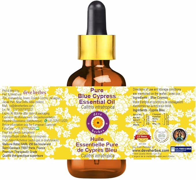 dève herbes Pure Blue Cypress Essential Oil (Callitris intratropica) with Glass Dropper Natural Therapeutic Grade Steam Distilled (Pack of Three) 100mlx3 (10 oz)