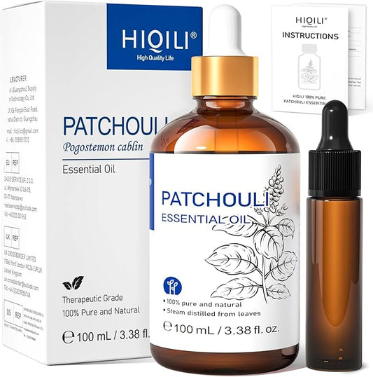 HIQILI Patchouli Essential Oil,100% Pure & Natural for Homemade Perfume, Sooth Skin, Nourish Hair at Home with Diffuser, Gift for Hippie Friend - 3.38 Fl Oz
