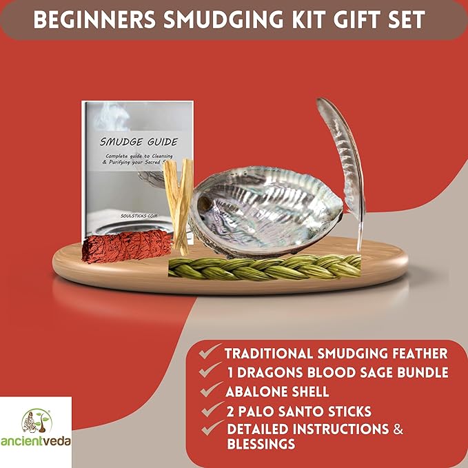 Ancient VEDA Organic Smudge Kit – Dragon's Blood, Palo Santo, Sweetgrass, Abalone Shell, Feather & Smudge Guide | Smudging Kit for Home Energy Cleansing, Meditation (Healer's Kit, Dragon's Blood Sage)