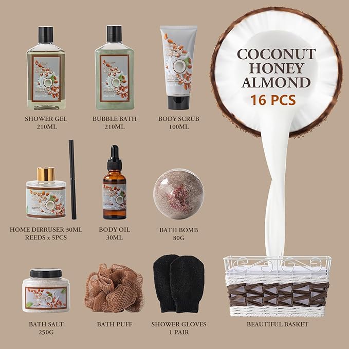 Mothers Day Gifts for Women, Coconut Almond spa kit, Bath and Body Gift Basket for Women & Men Spa Gift Basket,16 Pcs Bath Gift Set With Fragrant Lotion, Home Spa Luxurious Body Oil, Diffuser