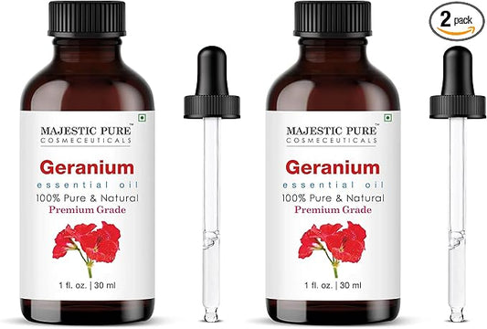 Majestic Pure Essential Oil with Glass Dropper - 100% Pure and Natural - Essential Oils for Diffuser, Aromatherapy, Soap and Candle Making, Geranium Essential Oil, Geranium Oil, 1 Fl Oz (Pack of 2)