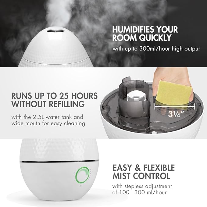 Tenergy Pluvi Ultrasonic Cool Mist Humidifier Advanced Mist Generator Essential Oil Diffuser, 360°Adjustable Mist Outlet, Auto-Shut Off Easy to Clean, 2.5L Quiet Humidifier