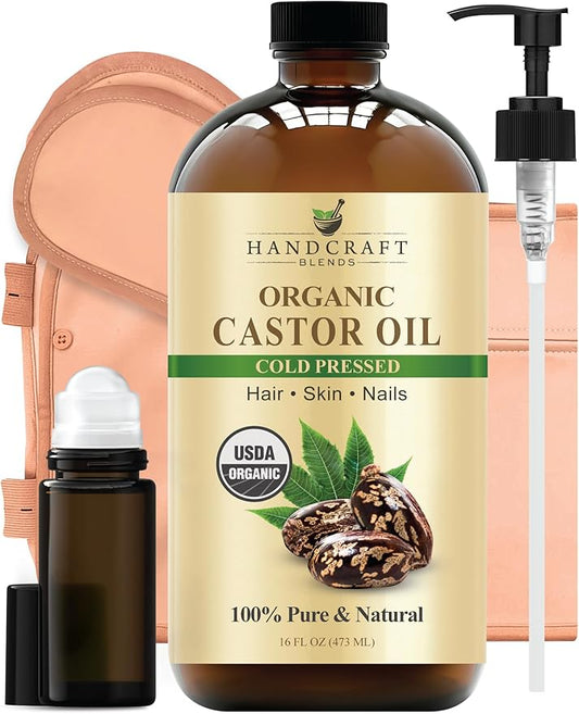 Handcraft Blends Cold-Pressed Organic Castor Oil 16 Fl Oz | Glass Bottle | Roll on Bottle | Reusable Wraps | Durable Comfortable Pack Wraps | Adjustable Elastic Straps | Neck and Stomach