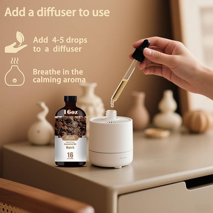 Myrrh Essential Oil – MLYNKL Myrrh Oils 16.33 fl oz for Diffusers, Humidifiers, Massage, DIY Candles, Soap, Cleaning, Home, Yoga, Office, Gifts - 490 ml