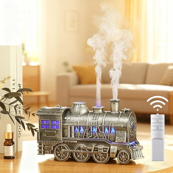 Train Diffuser, 2026 New 300ML Large Capacity Train Humidifier with Dual Cool Mist Outlets, Train Oil Diffuser with 2-Color LED, Remote Control, Auto-Off, Quiet for Bedroom Office (Silver, Remote)