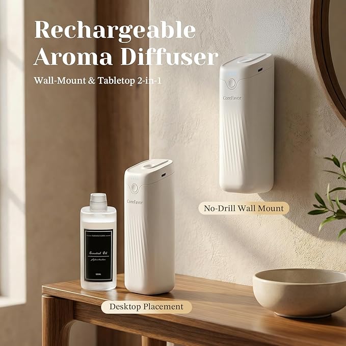 Diffuser,Waterless Essential Oil Diffuser, 4.06floz (Luxury) Home Aroma Diffuser with Adjustable Scent Intensity,Rechargeable & Wall-Mountable,Quiet Fragrance Diffuser for Home Car Office