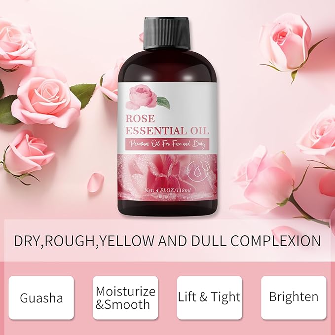 Rose Essential Oil for Face 4OZ Organic Cold Press Essential Oils for Aroma Diffusers Steamer Home Rooms Natural Rosa Scented Fragrance Oils for Soap Making Candles Face Body Skin Massage Oil