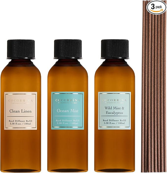 COCORRÍNA Reed Diffuser Refill Set, 10.2oz Scented Oil Refill 3 Pack, Clean Linen, Ocean Mist, Eucalyptus & Moss, Long Lasting Oil Diffuser Refill with 18 Sticks for Bathroom & Bedroom