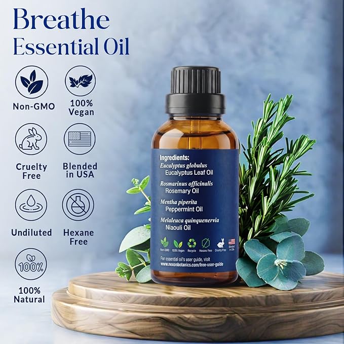 Breathe Essential Oil Blend 30 ml - Breath Sinus Relief with Menthol Oils - for Humidifiers, Diffusers, and Aromatherapy - Nexon Botanics