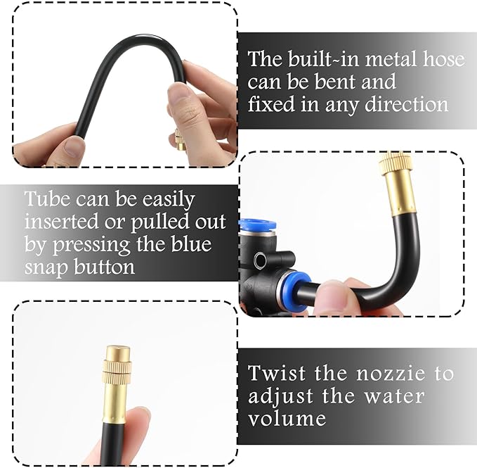 Zonon 15 Pcs Brass Misting Nozzles Tee with 8" Built in Hose for 0.32"/8 mm Tubing 360 Degree Rotation Adjustable Water Mister Nozzle Thread Sprayer Misting Part Accessories for Patio Outdoor Cooling