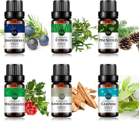 Essential Oils Set - Top 6 for Diffusers, Candle Making Scents, Fragrance, Aromatherapy, Gifts - Sandalwood, Camphor, Pine Needles, Juniper, Cypress, Wintergreen (10mL)