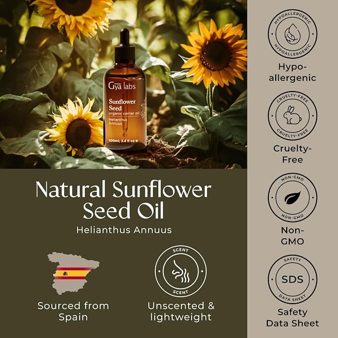 Gya Labs USDA Organic Sunflower Oil - 3.4 Fl Oz - Carrier Oil for Hair, Skin, Face, Scalp & Body Massage