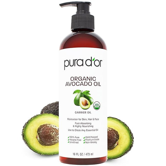 PURA D'OR ORGANIC Avocado Oil (16 Oz) 100% Pure & Natural USDA Certified Cold Pressed Carrier Oil For DIY Beauty, Non-Greasy, Unscented, Hexane Free Liquid Moisturizer - Face Skin & Hair - Men & Women