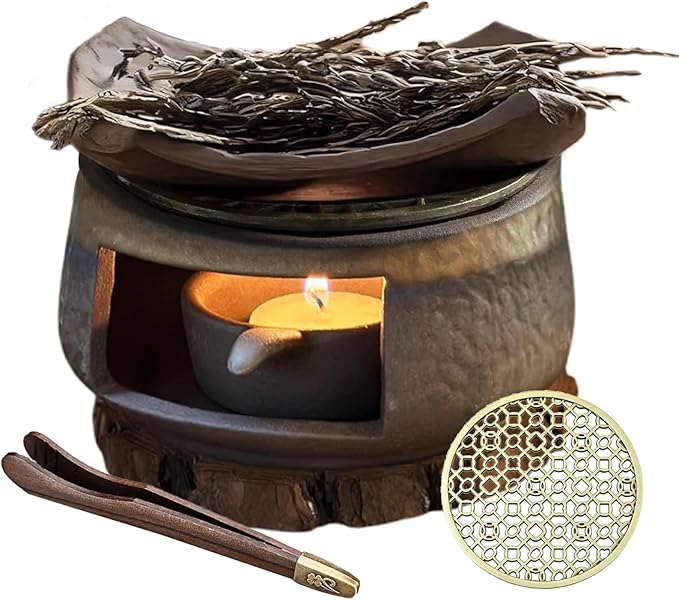 Incense Burner & Candle Warmer | Ceramic Aromatherapy Diffuser Includes Wooden Clips and Pads for Wax Melts, Dried Herbs and Palo Santo | Bedtime Calm, Meditation