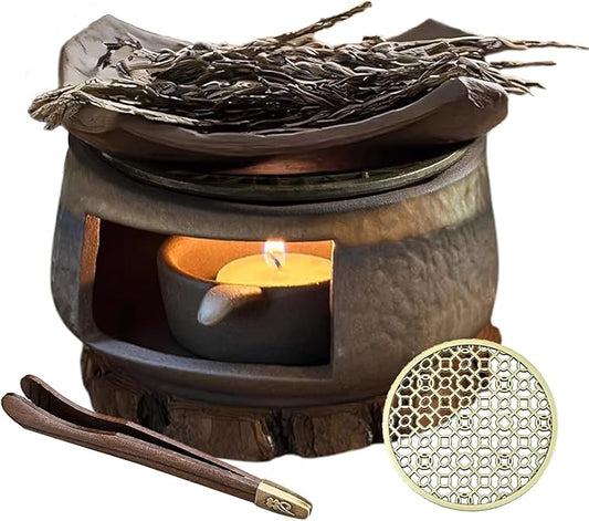 Incense Burner & Candle Warmer | Ceramic Aromatherapy Diffuser Includes Wooden Clips and Pads for Wax Melts, Dried Herbs and Palo Santo | Bedtime Calm, Meditation