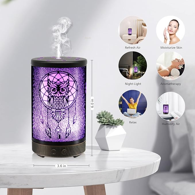 Owl Essential Oil Diffuser, Daroma 100ml Metal Aromatherapy Ultrasonic Cool Mist Humidifier Air Scent Home Office Gift, 7 Colors Changed LED Mood Light, Waterless Auto-Off