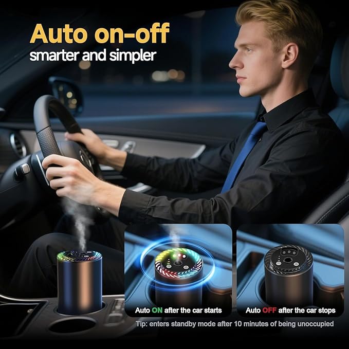 Smart Car Air Freshener with Star Light & 150ml Diffusers Oil Refills, Auto On/Off Aroma Diffuser, 3 Adjustable Modes Rechargeable - Car Diffuser（Cologne+New Car Smell+Mahogany Teakwood）